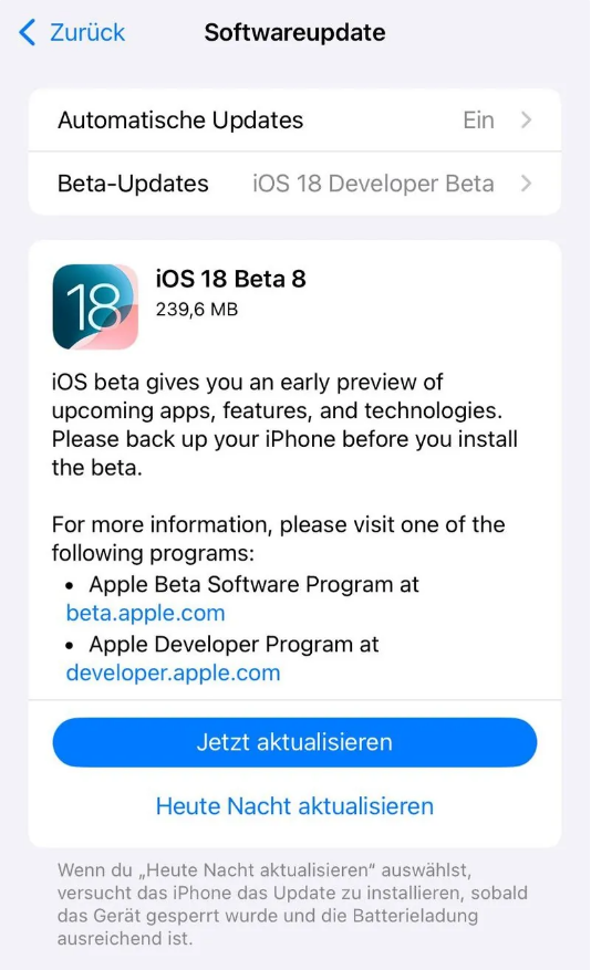 延安苹果手机维修分享苹果 iOS / iPadOS 18 开发者预览版 Beta 8 发布 